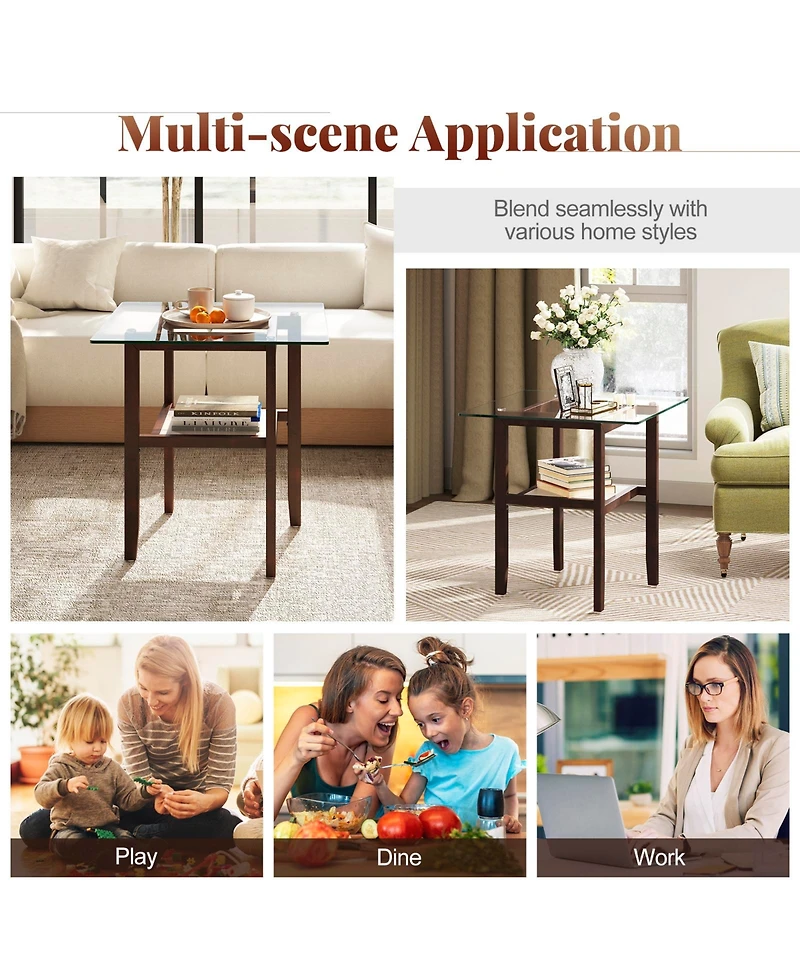 Sugift 24 Inch 2-Tier Square Glass Coffee Table Center Table with Storage Shelf