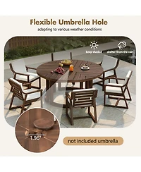 Rainsken 59" Round Patio Dining Table, Herringbone Pattern Acacia Wood Table with Umbrella Hole and Circular Base for Garden, Poolside and Backyard