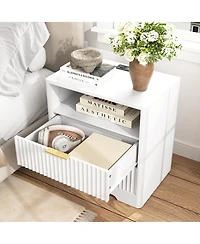 Rainsken Multi-Storage Nightstand with 2 Drawers, Open Shelf, Built-in Charging Station and Night Light for Bedroom and Living Room