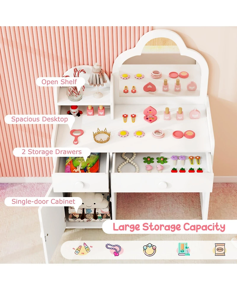 Sugift Kids Vanity Table and Chair Set with Cloud-shaped Mirror and Open Shelf