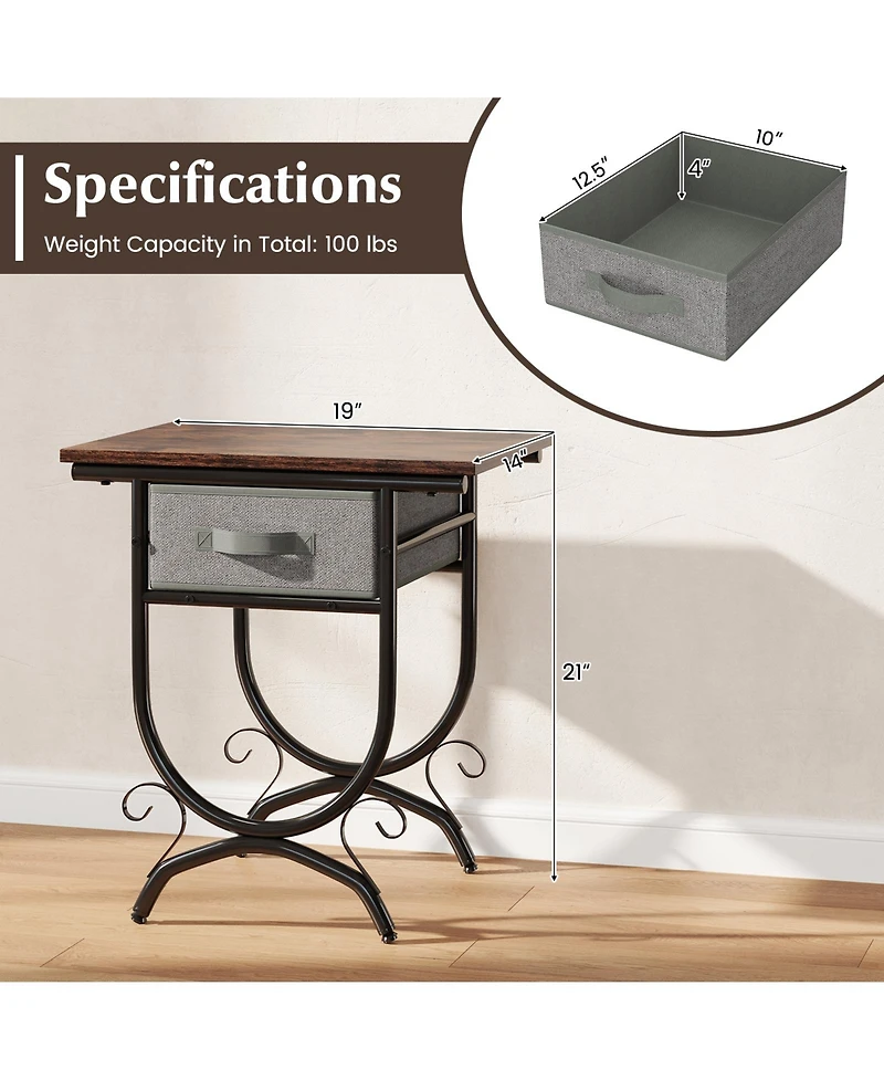 Sugift Side Table with Fabric Drawer and Carved Metal Frame for Living Room