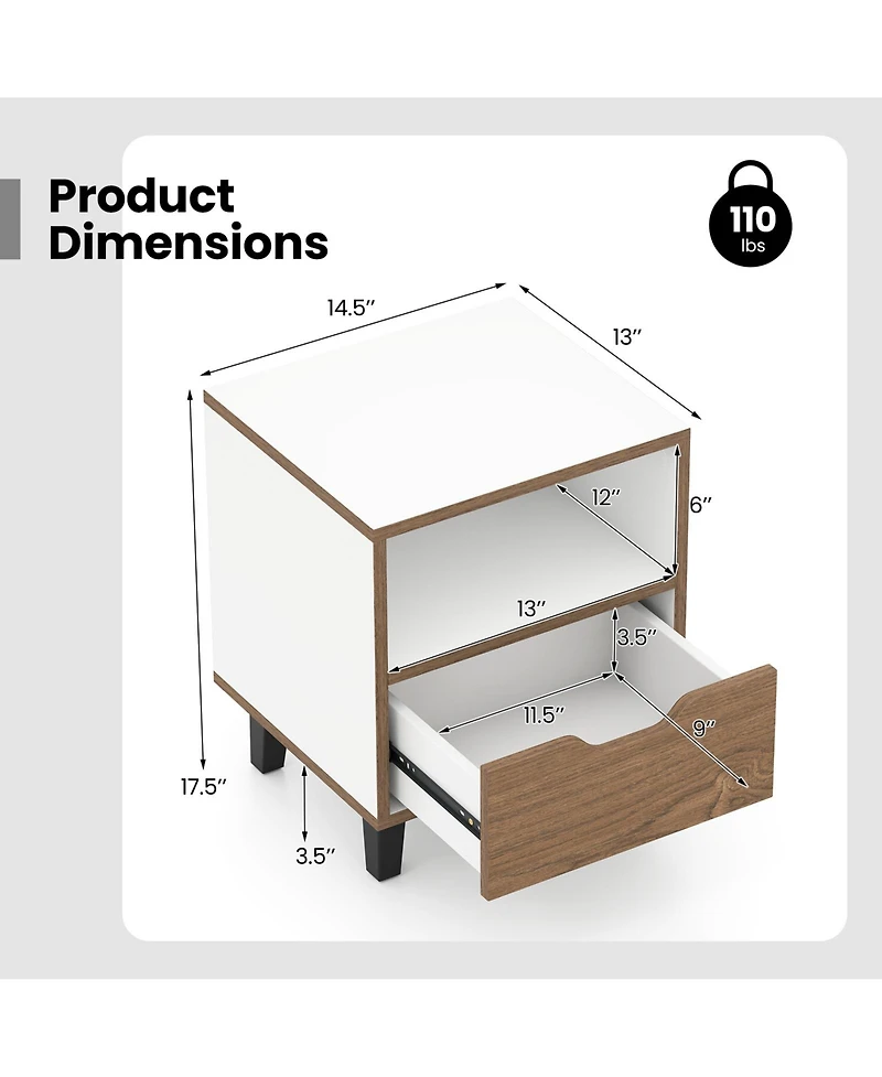 Sugift Nightstand Set of 2 with Drawer and Open Storage Shelf for Bedroom