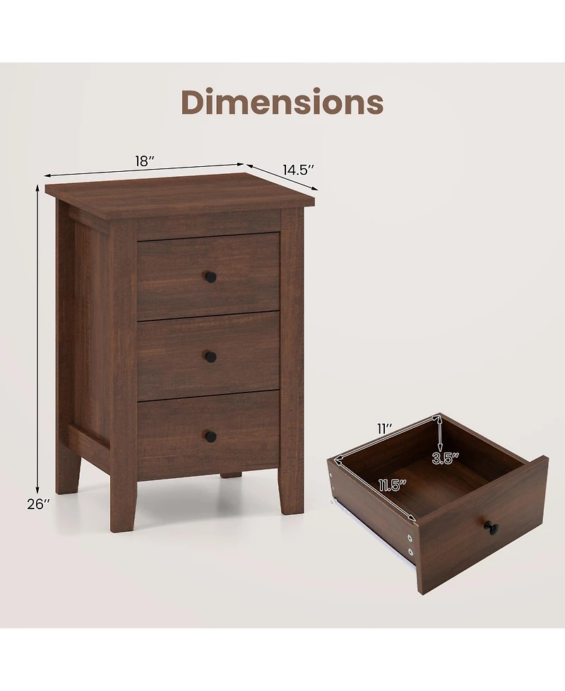Sugift Modern Bedside Cabinet with 3 Drawers for Living Room and Bedroom-Walnut