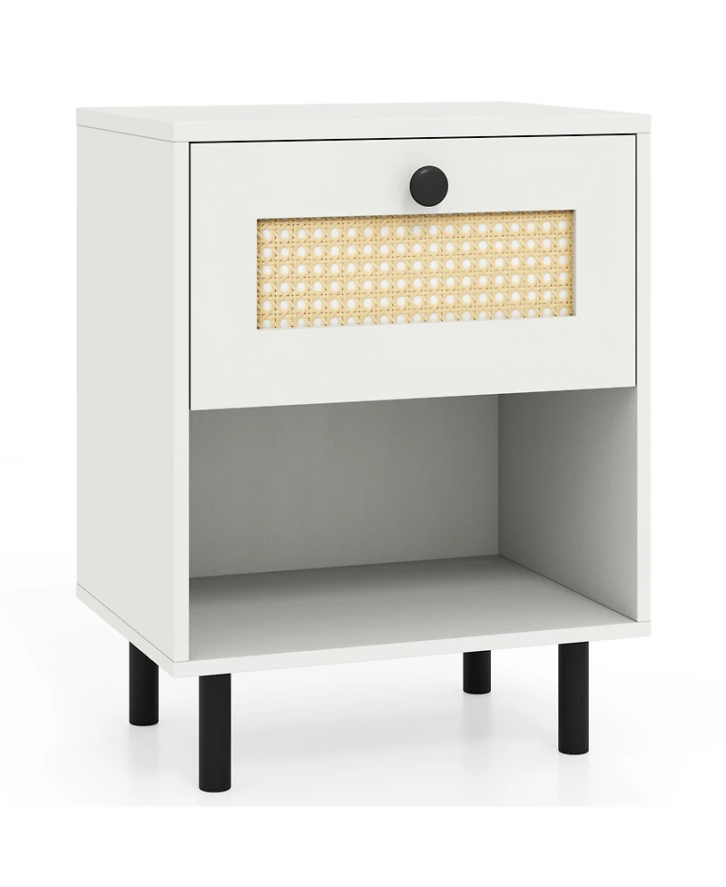 Sugift Rattan Nightstand Boho End Table with Rattan Drawer and Open Shelf
