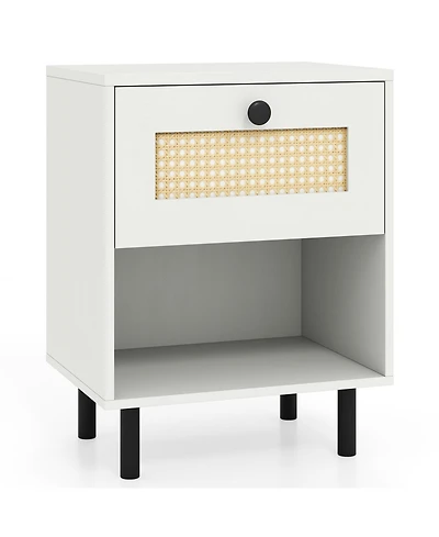 Sugift Rattan Nightstand Boho End Table with Rattan Drawer and Open Shelf