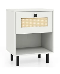 Sugift Rattan Nightstand Boho End Table with Rattan Drawer and Open Shelf