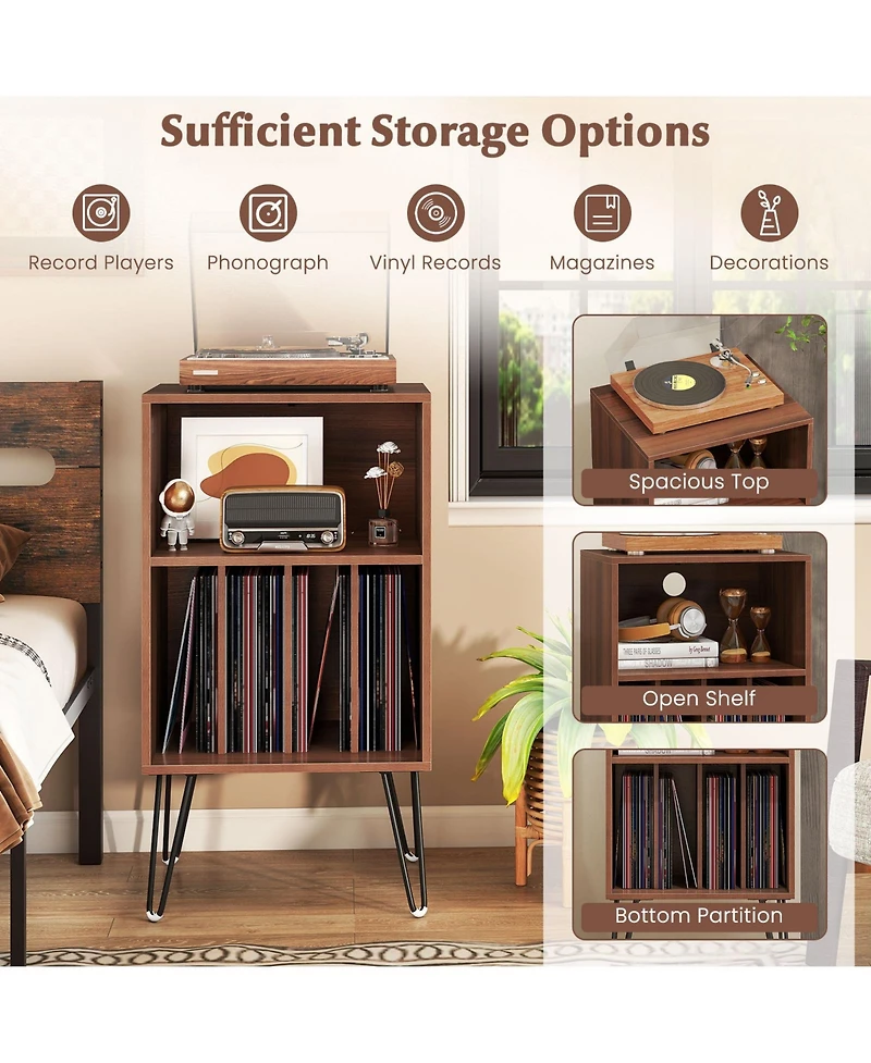 Sugift Record Player Stand with Charging Station Turntable Stand with Vinyl Storage-Walnut