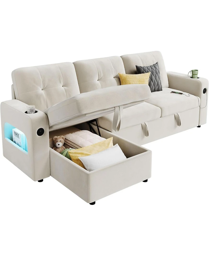 gaomon 84" Sleeper Sofa with Storage and Charging Station, Convertible Sectional Couch Bed Led Lights, Reversible Chaise, Pull Out