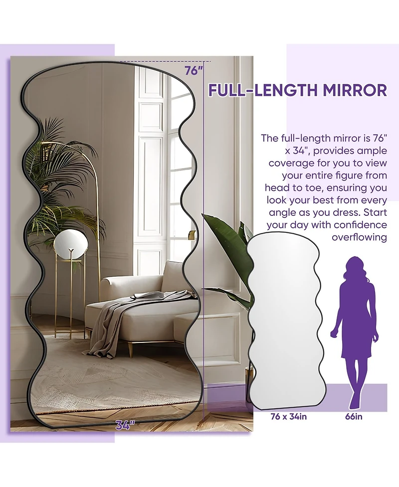 Antok Full Length Mirror 76"x34" Wavy Mirror Full Length with Stand for Bedroom Living Room Cloakroom