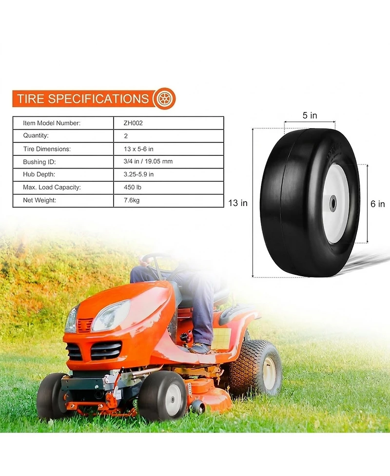 Sugift Lawn Mower Tires with Rim, 13x5-6", Tubeless, 2-Pack, Flat-Free Pu Tires