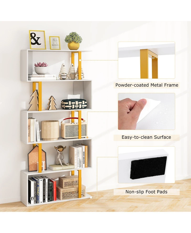 Gouun 5-Tier Geometric Bookcase with Gold Metal Frame and Anti-Tipping Kits