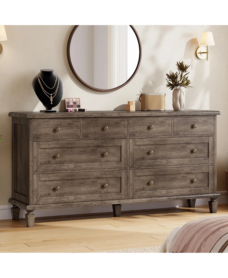 gaomon Bedroom 59" 8-Drawer Dresser Tv Stand, Wood Storage Chest with Carved Handles and Tapered Legs.