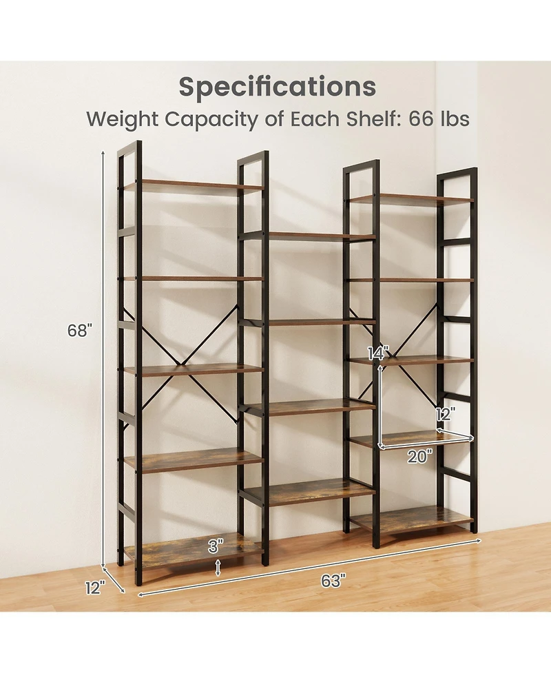 Gouun 5-Tier Triple Wide Industrial Bookshelf with Heavy-Duty Metal Frame, 68 x 12 x 63