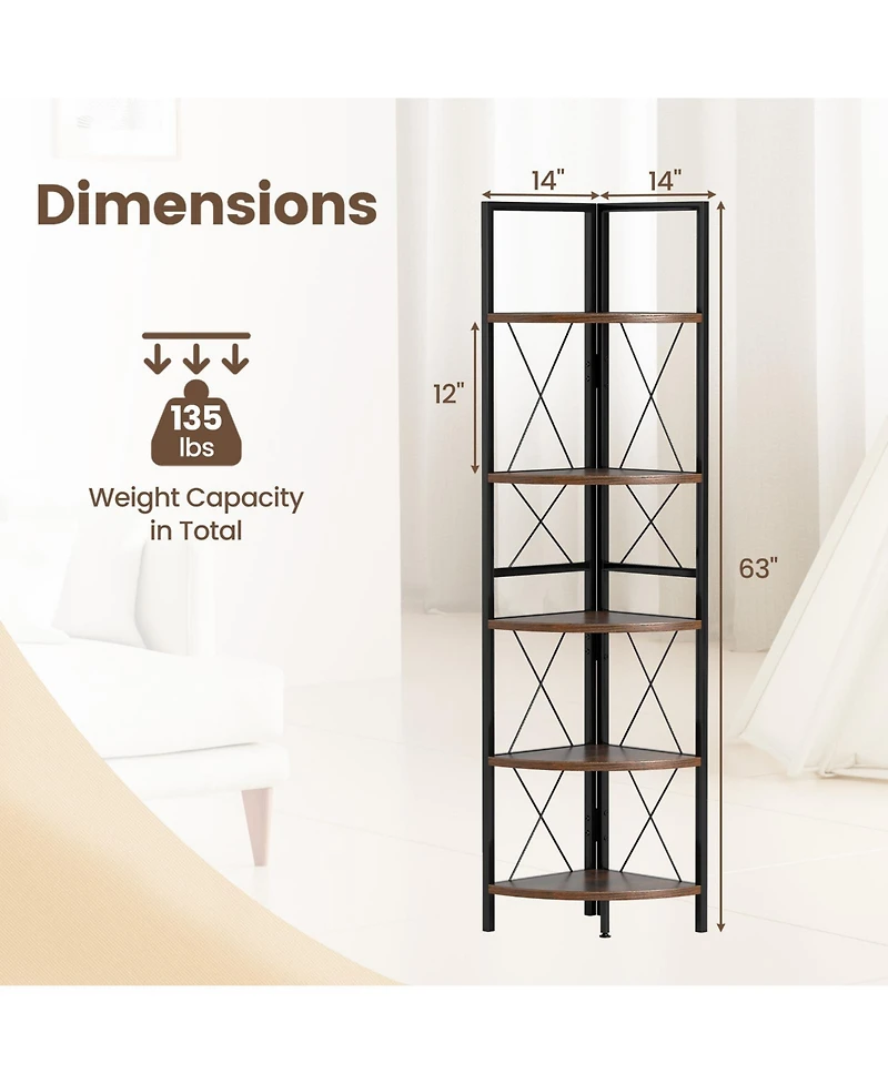 Gouun 5-Tier Freestanding Corner Shelf with Metal Frame, 14 x 14 x 63