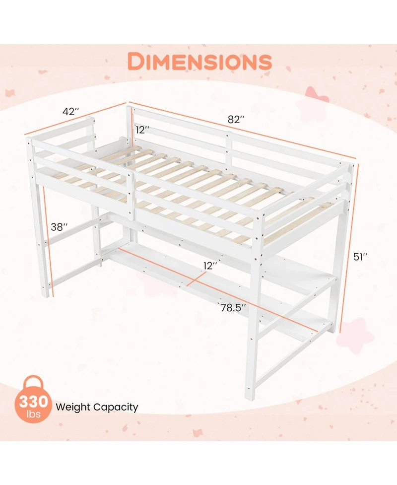 Gouun Kids Loft Bed with Storage Shelves and Safety Guardrails