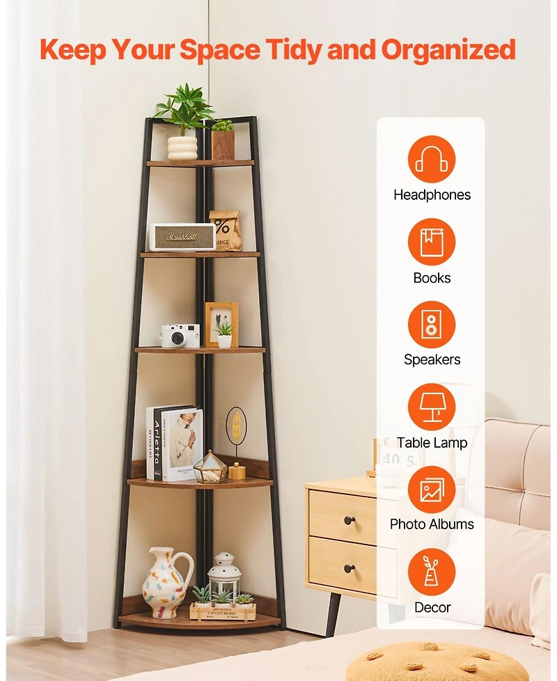 Gouun 5-Tier Corner Shelf, Corner Bookshelf with Metal Frame and Wooden Shelves