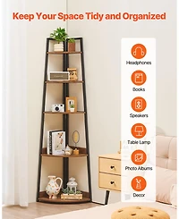 Gouun 5-Tier Corner Shelf, Corner Bookshelf with Metal Frame and Wooden Shelves