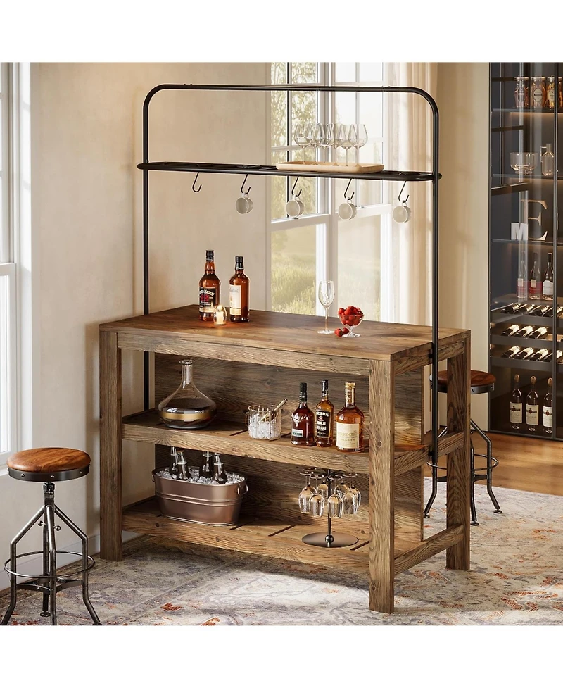 Tribesigns 3-Tier Solid Wood Bar Table, 47'' Industrial Home Bar Unit with Storage Shelves and Metal Rack with 5 hooks