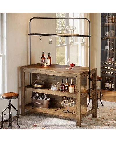 Tribesigns 3-Tier Solid Wood Bar Table, 47'' Industrial Home Bar Unit with Storage Shelves and Metal Rack with 5 hooks