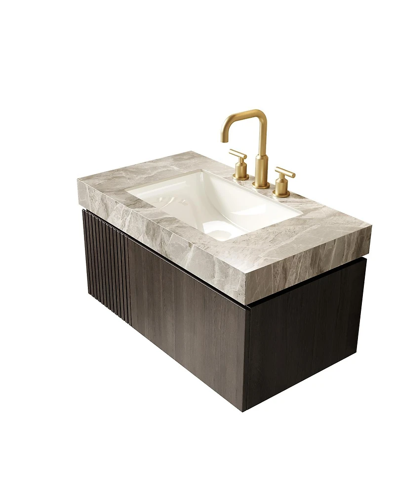 Sillysis Floating Bathroom Vanity with Italian Sintered Stone Top, Plywood Cabinet, 3 Hole Ceramic Sink, Soft Close Storage