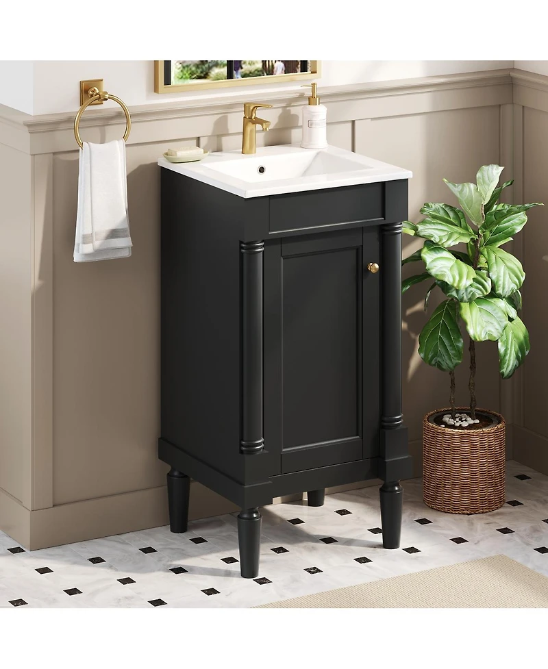 Sillysis 18 Inch French Bathroom Vanity with Ceramic Sink, Modern Freestanding Cabinet, Soft Close Door and Adjustable Storage for Small Spaces