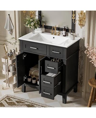 Sillysis 30 Inch Modern Bathroom Vanity with Ceramic Sink, Solid Wood Mdf Freestanding Cabinet, Soft Close Drawers for Small Spaces