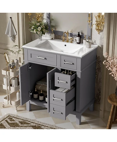 Sillysis 30 Inch Modern Bathroom Vanity with Ceramic Sink, Solid Wood Mdf Freestanding Cabinet, Soft Close Drawers for Small Spaces