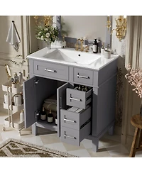 Sillysis 30 Inch Modern Bathroom Vanity with Ceramic Sink, Solid Wood Mdf Freestanding Cabinet, Soft Close Drawers for Small Spaces