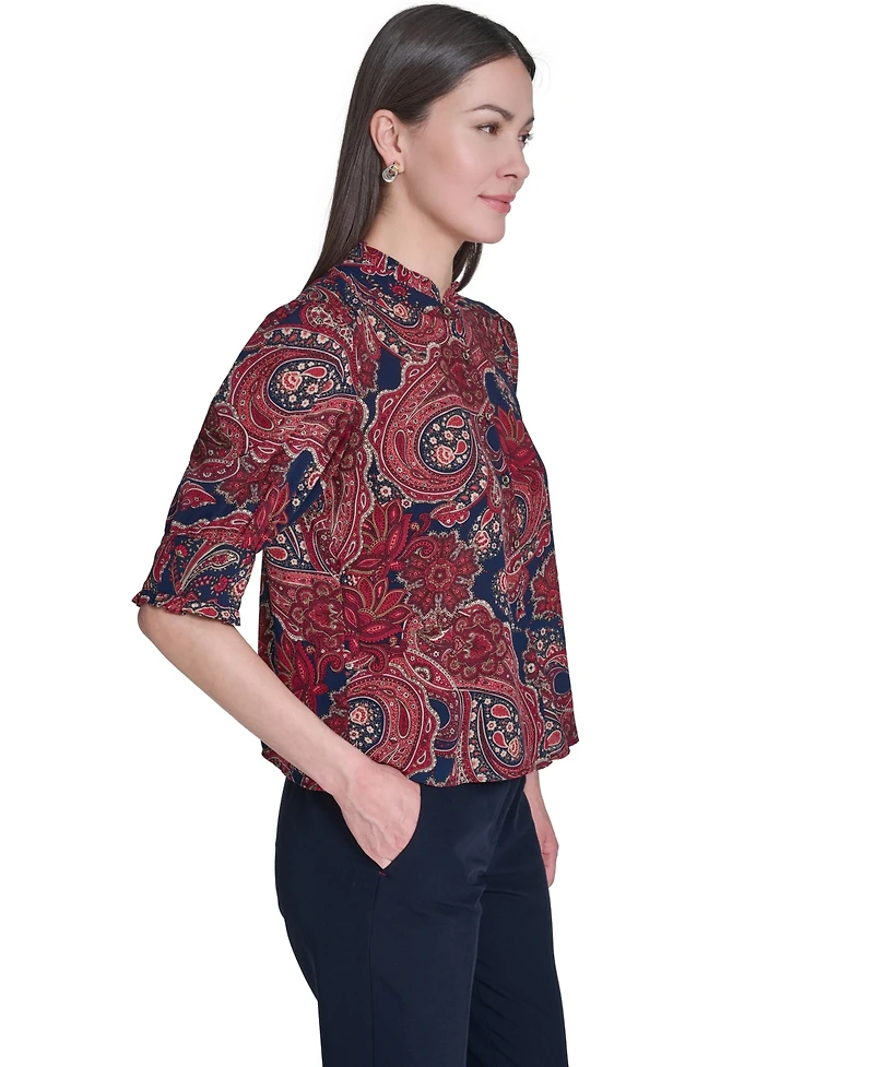Tommy Hilfiger Women's Paisley Print Ruffle Neck Button Up Blouse