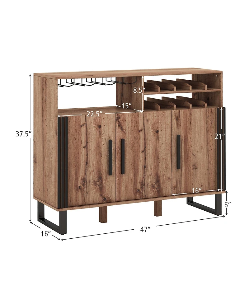 Gouun Wine Bar Cabinet with 3 Doors and Adjustable Shelves