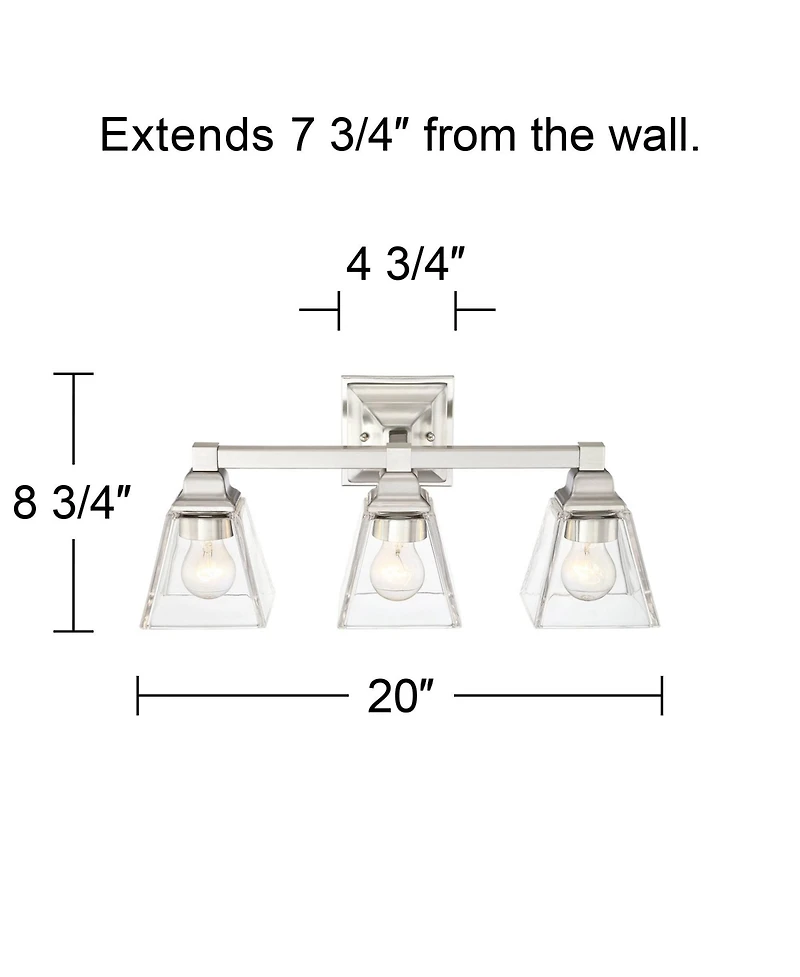 Mencino Mid Century Modern Wall Light Satin Nickel Silver Metal Hardwired 20" Wide 3-Light Fixture Clear Glass Cone Shade for Bathroom Vanity Mirror H