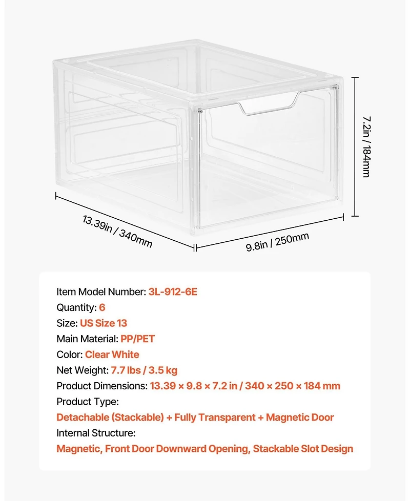 Gouun Stackable Clear Shoe Organizer Boxes with Magnetic Door, 6 Pack, Us Size 13