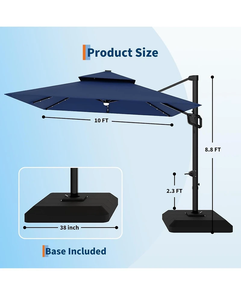 gaomon 10 ft Solar Lights Cantilever Patio Umbrella with Base Included, 360degree(s) Rotation Offset Umbrella, Easy Crank and Tilt Adjustment