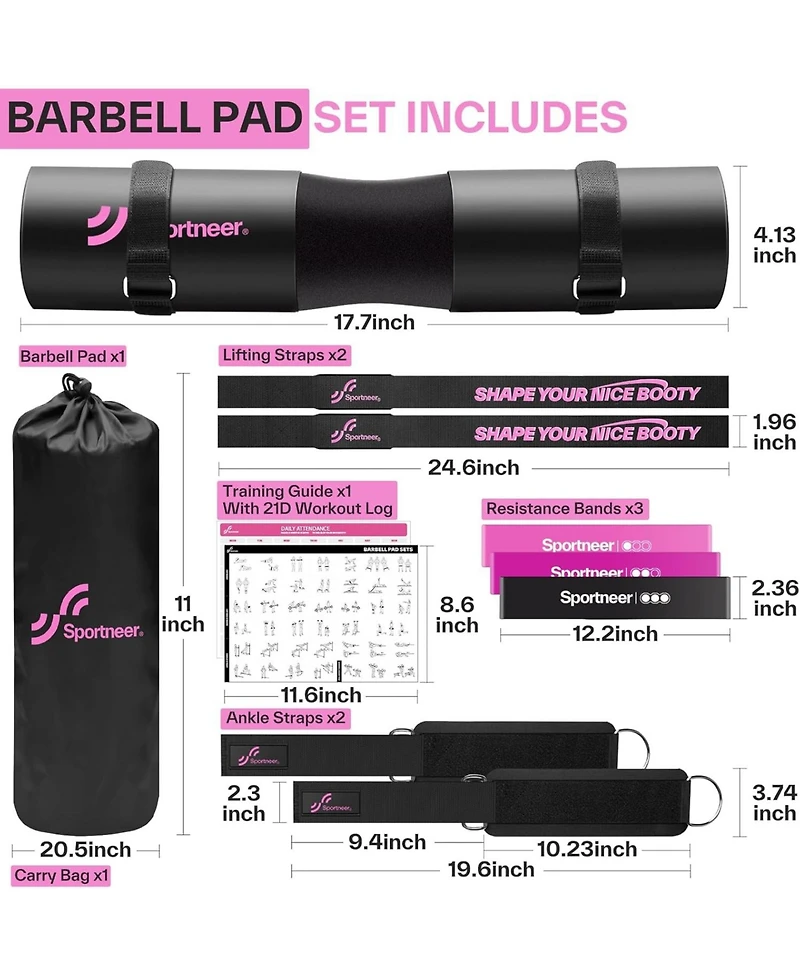 Sportneer Barbell Pad Set, 10 Pc Squat Pad Kit with Ankle Straps, Lifting Straps & Bands
