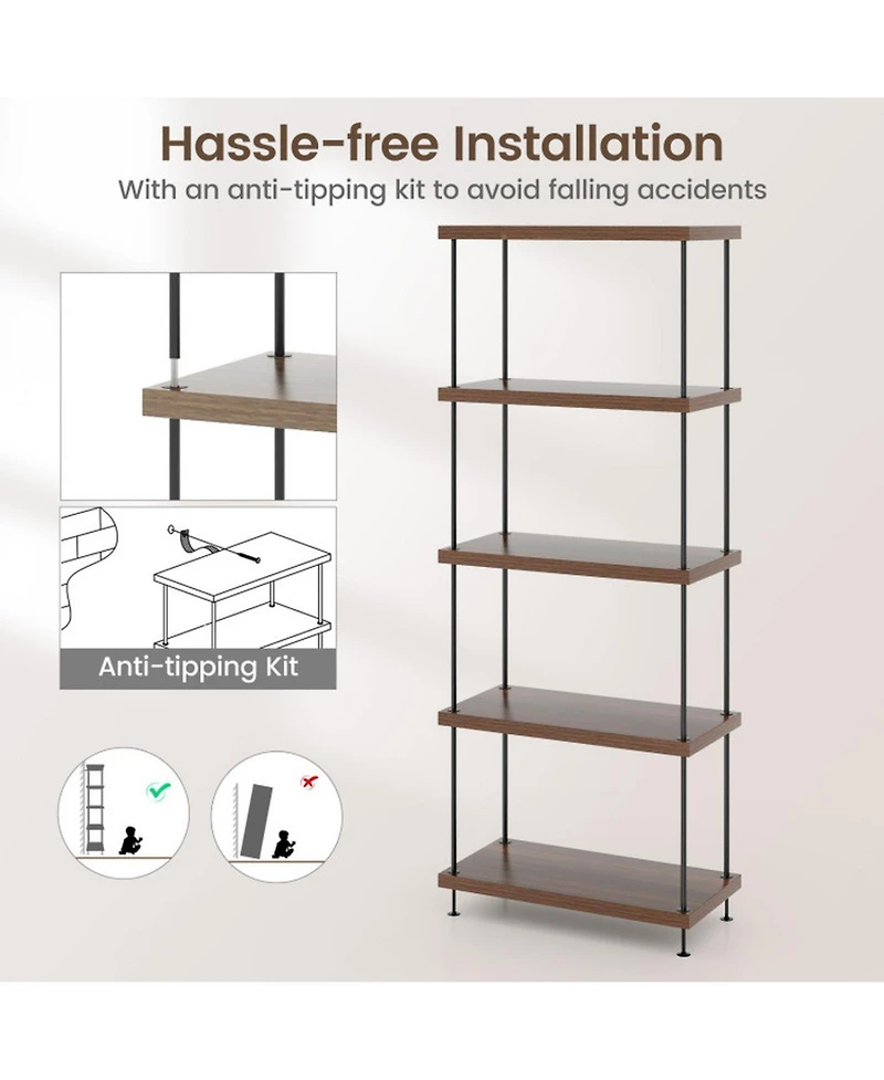 Gouun Tall 5-Tier Bookshelf with Metal Frame and Adjustable Foot Pads