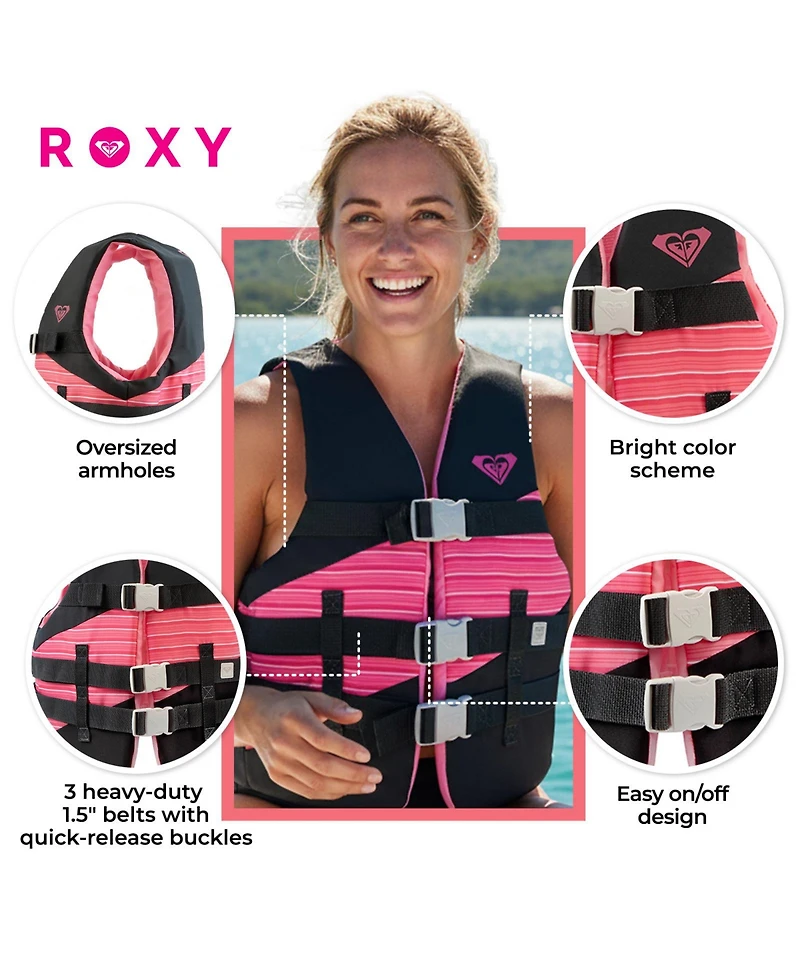 Roxy Uscg Approved Women s Life Vest, Light-Weight Epe Foam and Oversized Arm Holes, Three Belts with Quick-Release Buckles for Fishing and Boating
