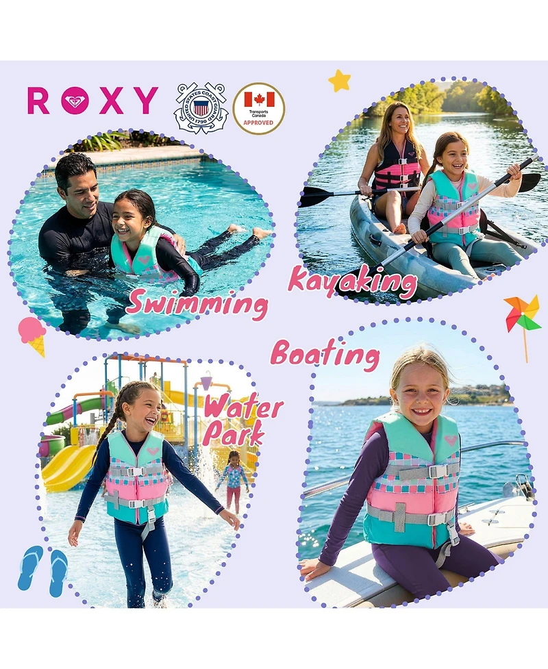 Roxy Kids Life Vest Uscg Approved with Quick-Release Buckles and Leg Strap, Lightweight Epe Foam for Boating, Fishing and Kayaking