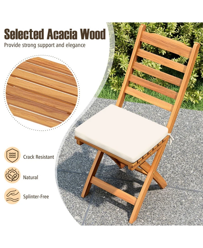 Gouun Set of 2 Folding Acacia Wood Patio Dining Chairs with Cushioned Seats