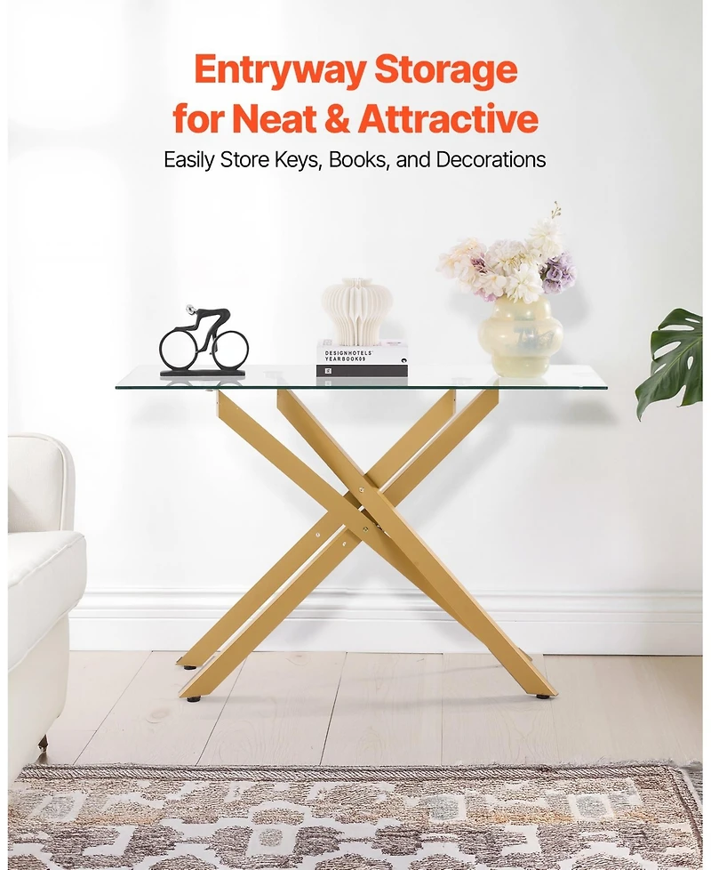 Gouun Tempered Glass Rectangle Coffee Table with Metal Cross-Leg Frame