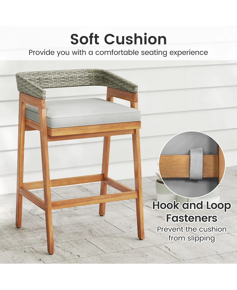 Gouun Acacia Wood Counter Height Bar Stools Set of 2 with Cushions and Wicker Back