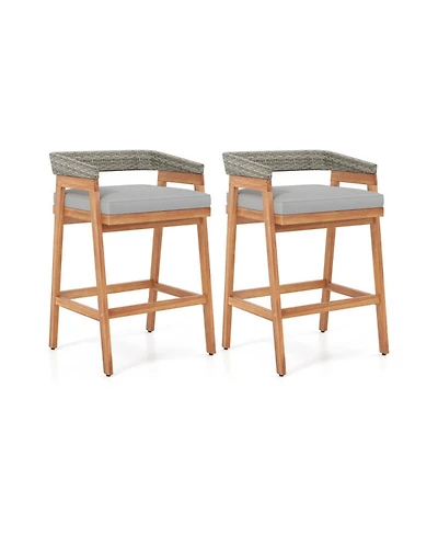 Gouun Acacia Wood Counter Height Bar Stool Set of 2 with Wicker Backrest, Cushion and Footrest