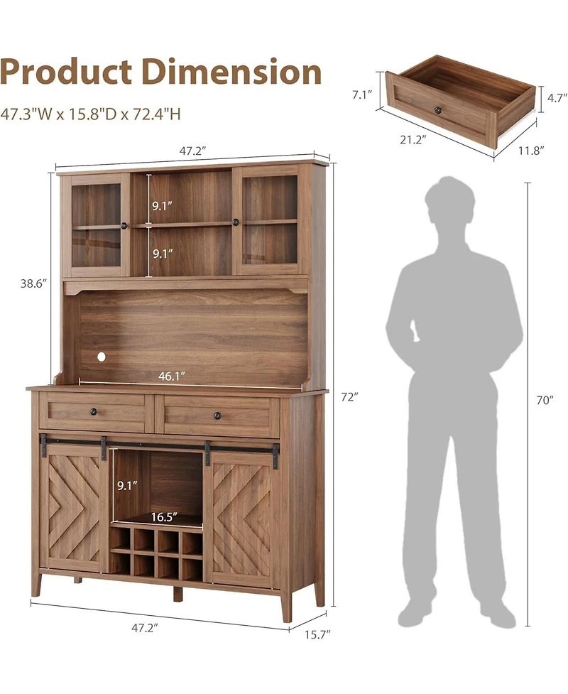 gaomon Sliding Barn Door High Bar Cabinet Farmhouse, Large Kitchen Buffet with Hutch Wine Storage