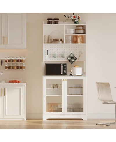 gaomon Pantry Cabinet 6 Tier Freestanding Tall Cupboard Storage Unit with Pegboard 2 Cabinets Open Shelves Glass Doors