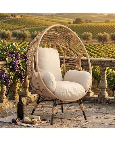 Rainsken Oversized Wicker Egg-Chair, Outdoor Indoor Pe Rattan Patio Swing with 8-Inch Cushion, 400 lb Capacity for Living Room, Balcony, Backyard