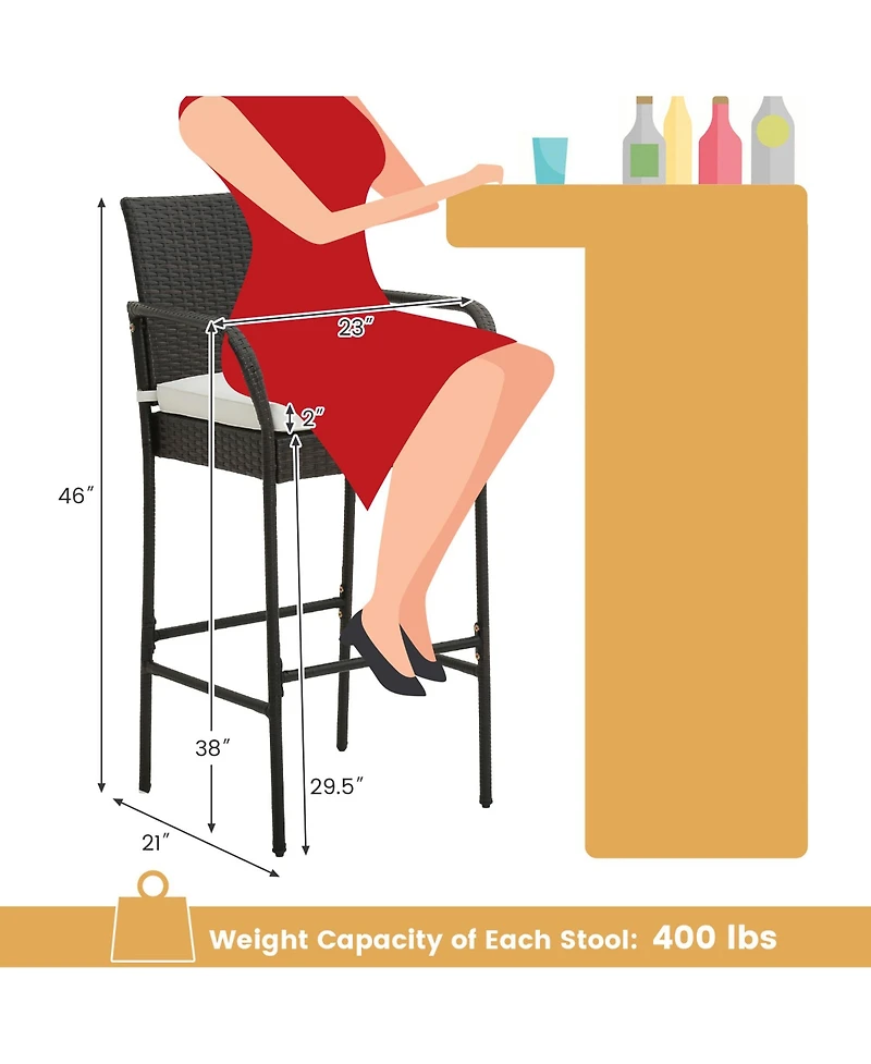 Gymax 4PCS Patio Pe Wicker Bar Chairs Counter Height Barstools With Armrests and Cushions