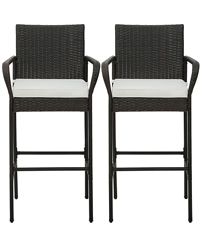 Gymax Set of 2 Wicker Bar Stools Set Outdoor High Back Bar Counter Chairs w/ Cushions