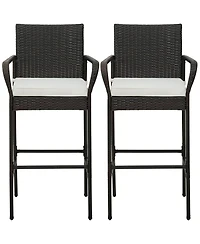 Gymax Set of 2 Wicker Bar Stools Set Outdoor High Back Bar Counter Chairs w/ Cushions