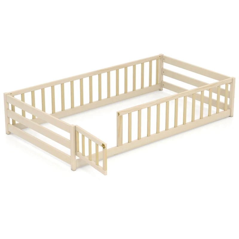 Costway Twin Size Floor Bed with Door & Fence with Safety Guardrails & Slats Support