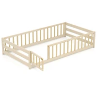 Costway Twin Size Floor Bed with Door & Fence with Safety Guardrails & Slats Support