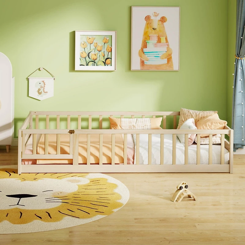 Costway Twin Size Floor Bed with Door & Fence with Safety Guardrails & Slats Support